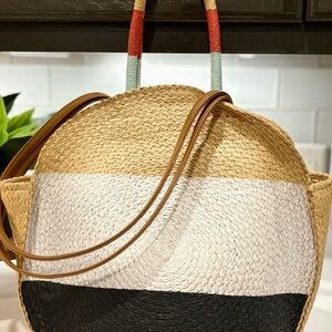 Elegant Tan and Black Straw Tote